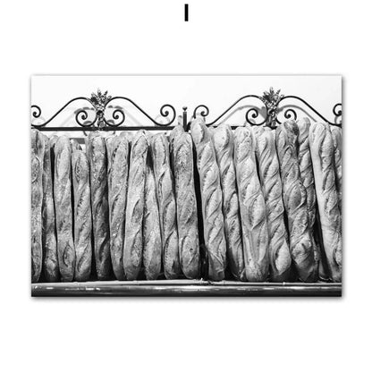 Poster of Black and white photo of baguettes behind decorative metal bars