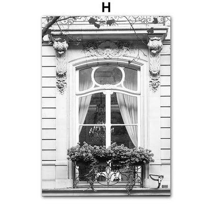 Poster of Decorative window with floral box and ornate frame on a building facade.
