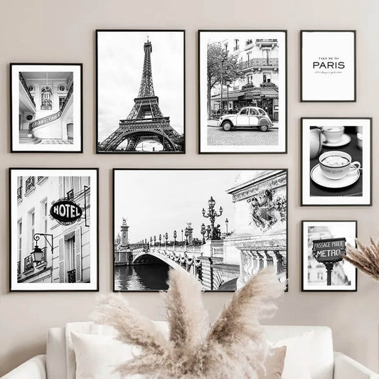 Black and White Paris Cafe Tower Wall Art French Street Scene Canvas Print for Kitchen Bathroom or Coffee Shop Decor