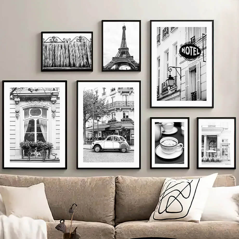 Black and White Paris Cafe Tower Wall Art French Street Scene Canvas Print for Kitchen Bathroom or Coffee Shop Decor