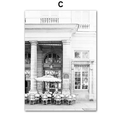 Poster of black and white photo of a classical building entrance with outdoor seating area.