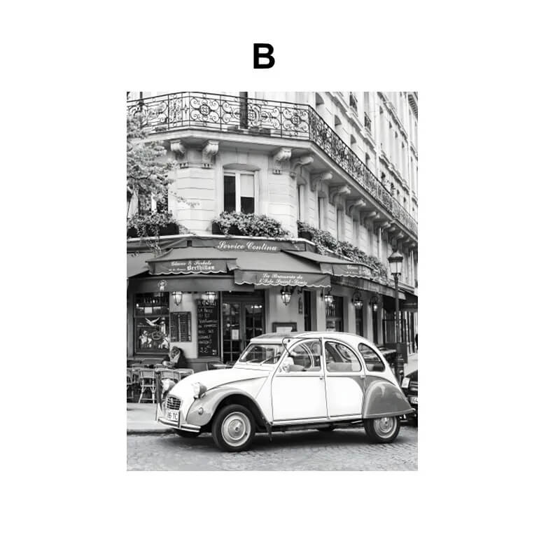 Poster of vintage car parked on a street in front of a building with an awning.