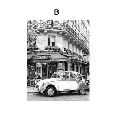 Poster of vintage car parked on a street in front of a building with an awning.