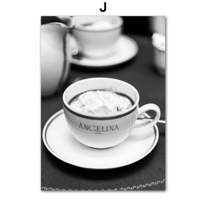 Poster of Cup of coffee with 'Angelina' branding on a saucer
