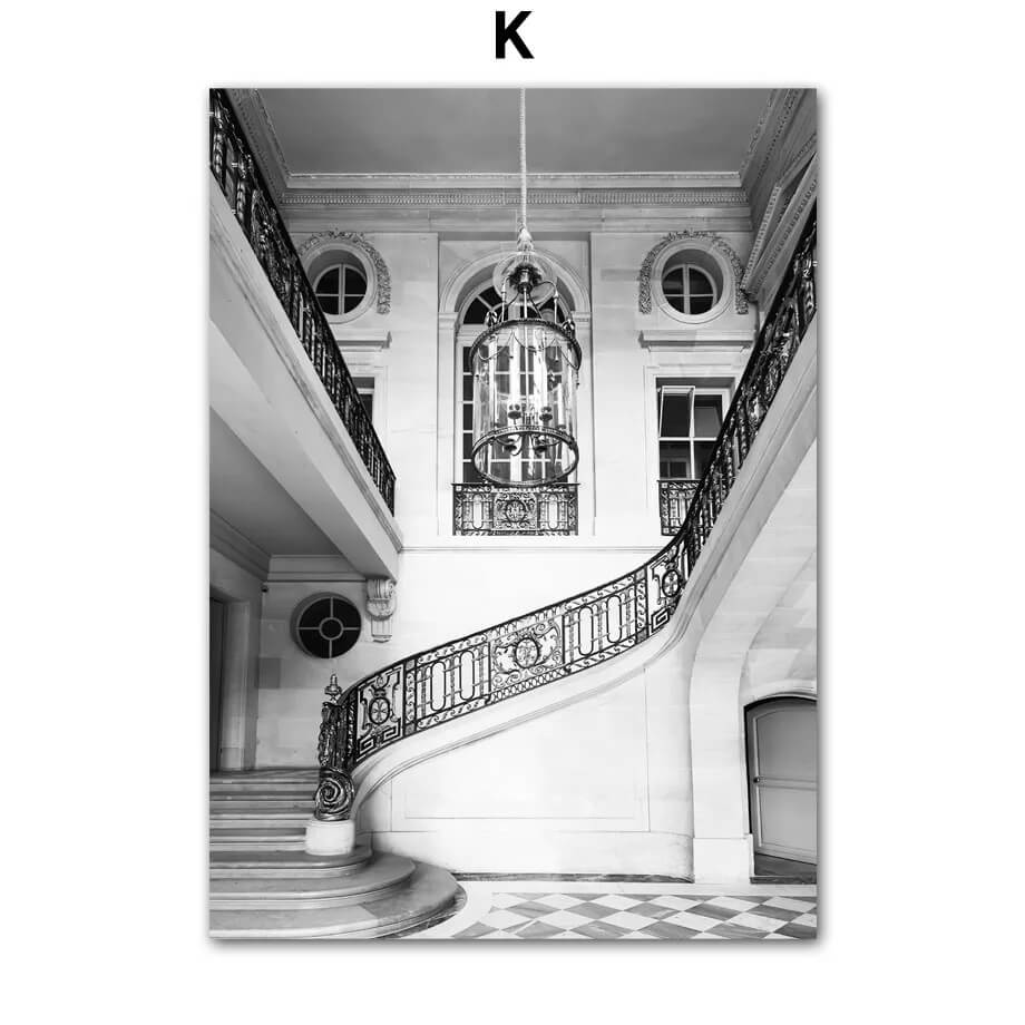 Poster of Black and white photo of a grand staircase with decorative railings.