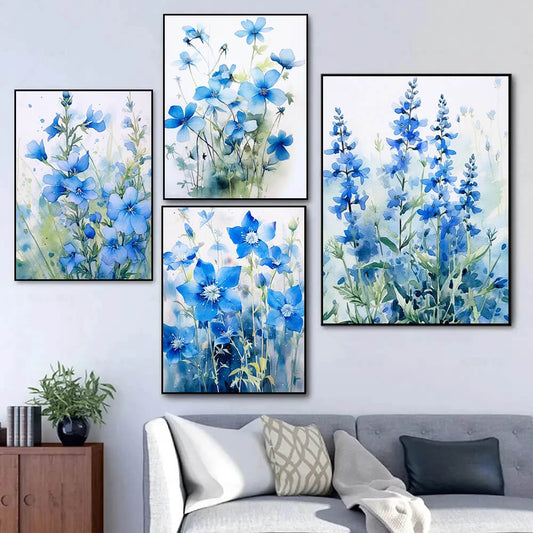 Blue Plants Floral Watercolor Botanical Wall Art Canvas Print For Modern Living Room Bedroom Wall Decor