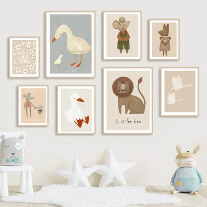 Baby Cute Rabbit Goose Dog Animals Minimalist Canvas Print Pastel Wall Art For Nursery Décor