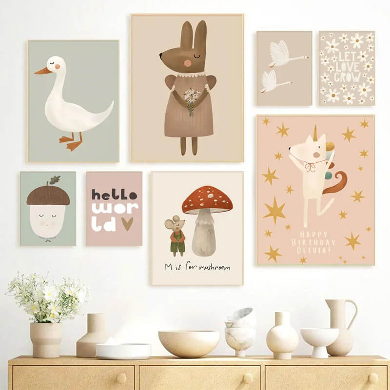 Baby Cute Rabbit Goose Dog Animals Minimalist Canvas Print Pastel Wall Art For Nursery Décor