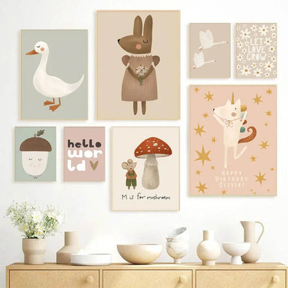 Baby Cute Rabbit Goose Dog Animals Minimalist Canvas Print Pastel Wall Art For Nursery Décor