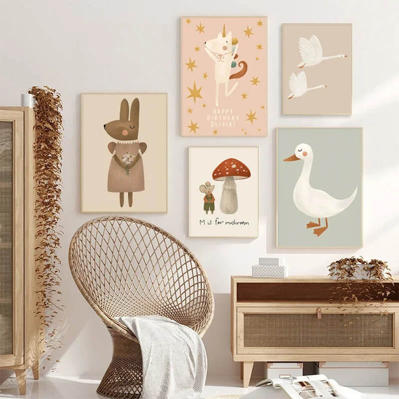 Baby Cute Rabbit Goose Dog Animals Minimalist Canvas Print Pastel Wall Art For Nursery Décor