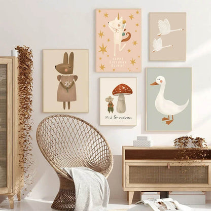 Baby Cute Rabbit Goose Dog Animals Minimalist Canvas Print Pastel Wall Art For Nursery Décor