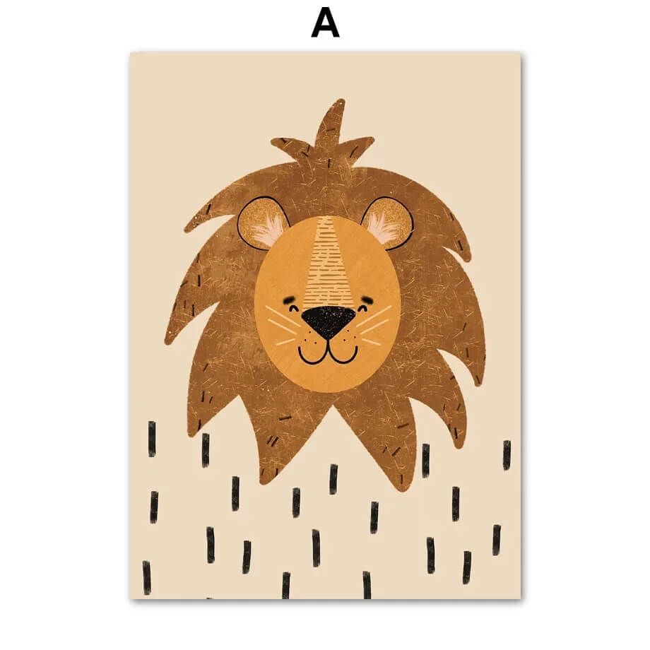 a smiling lion with a textured mane on a beige background, with black vertical dashes below