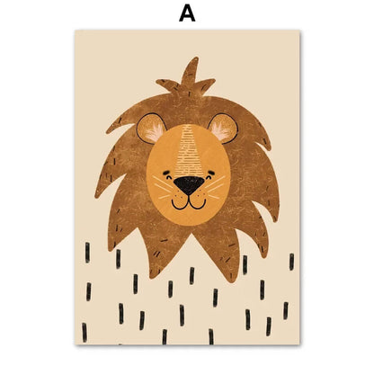 a smiling lion with a textured mane on a beige background, with black vertical dashes below