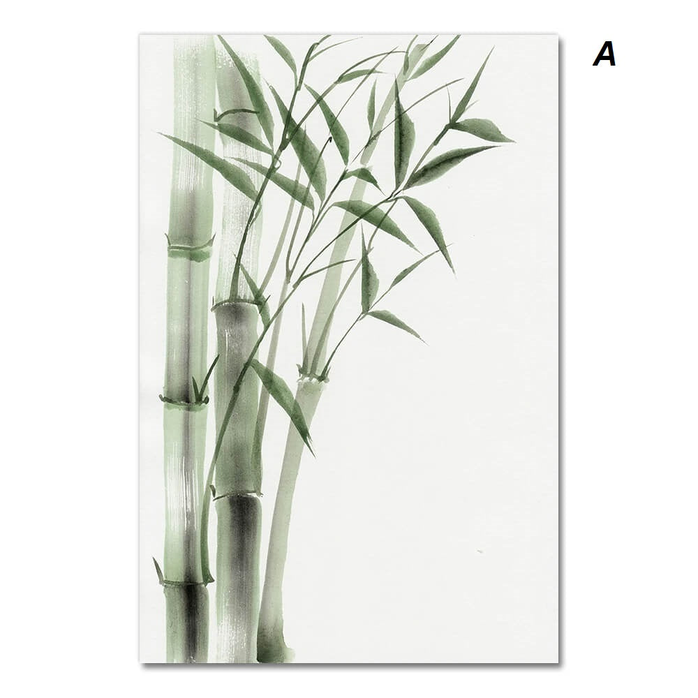 Watercolor painting of bamboo stalks with green leaves on a white background, showcasing a minimalist and serene design