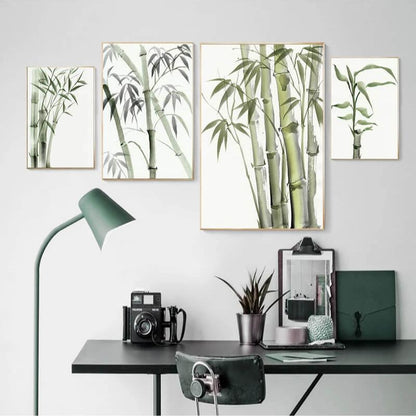 Watercolor painting of bamboo stalks with green leaves on a white background, showcasing a minimalist and serene design