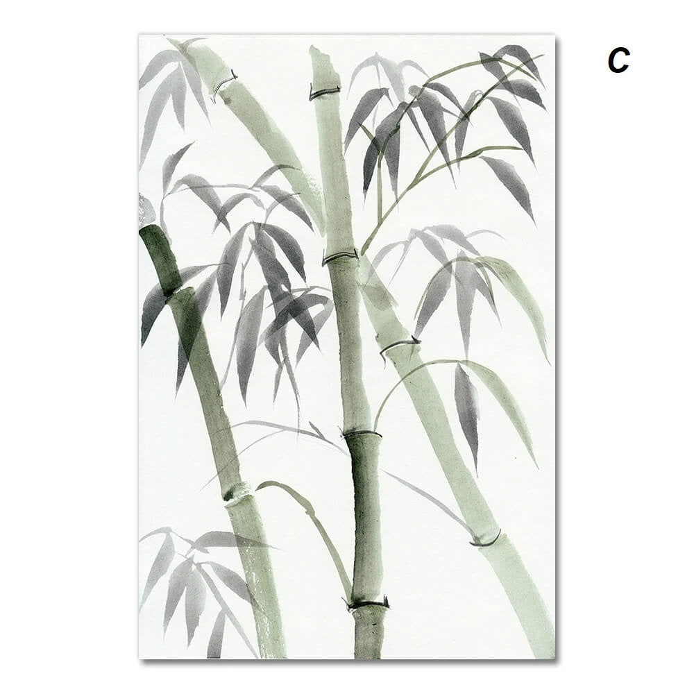 Watercolor painting of bamboo stalks with green leaves on a white background, showcasing a minimalist and serene design