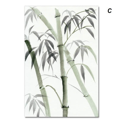 Watercolor painting of bamboo stalks with green leaves on a white background, showcasing a minimalist and serene design