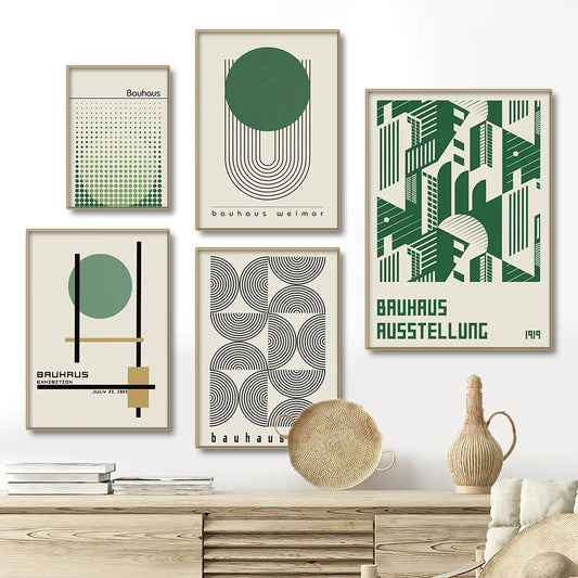 Bauhaus Green Color Geometric Lines Abstract Canvas Prints Wall Art Minimalist Poster For Modern Living Room Bedroom Home Decor