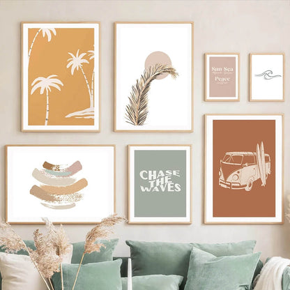 Beach Palm Tree Surf Bird Boho Wall Art Canvas Prints Minimalist Abstract Nordic Posters Wall Pictures For Living Room Décor