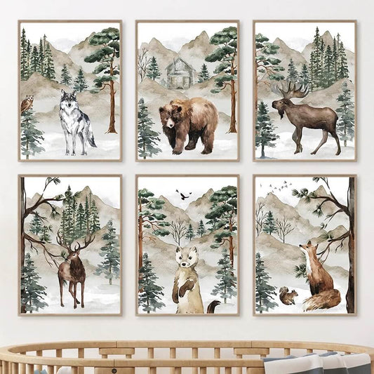 Bear Deer Fox Wolf Forest Jungle Animals Canvas Prints Watercolor Wild Animals Wall Art Nordic Posters For Kids Room Nursery Pictures Home Décor
