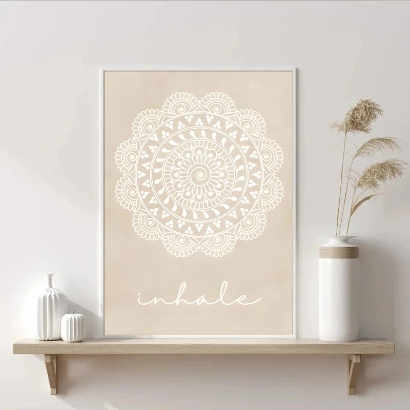 Beige Mandala Wall Art Bohemian Yoga Inspired Canvas Print for Meditation Room Bedroom or Studio Decor
