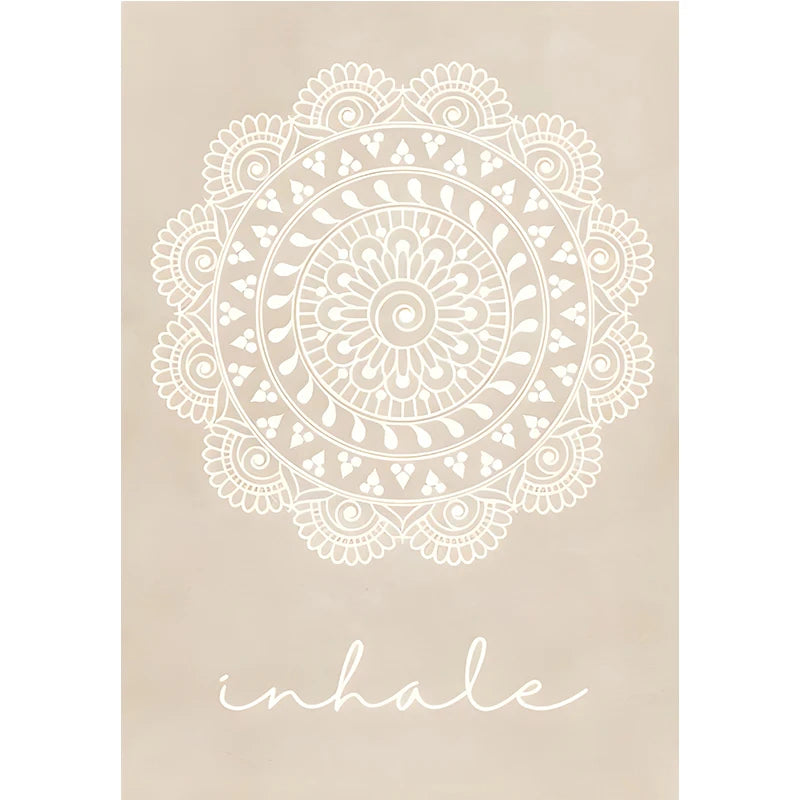 Mandala design with 'inhale' text on a beige background