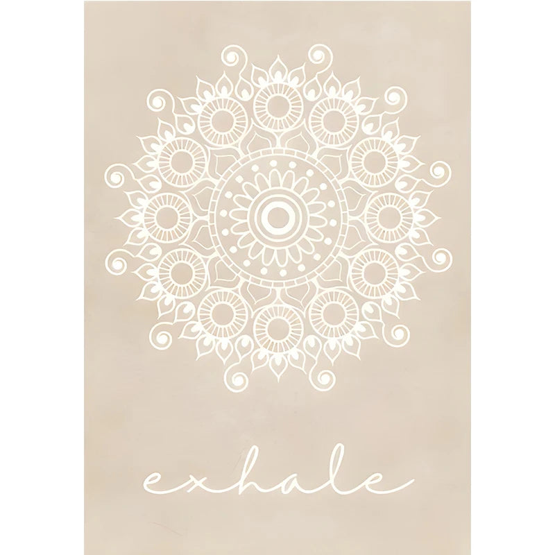 Decorative poster with a white mandala design and the word 'exhale' on a beige background