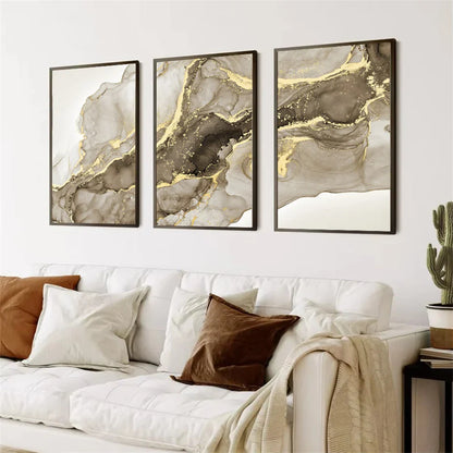 Beige Golden Flowing Liquid Marble Wall Art Canvas Prints For Modern Loft Living Room Modern Bedroom Art Decor