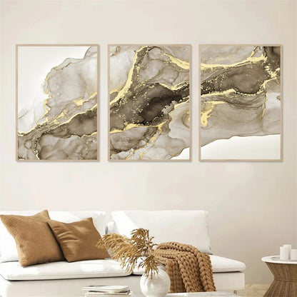 Beige Golden Flowing Liquid Marble Wall Art Canvas Prints For Modern Loft Living Room Modern Bedroom Art Decor