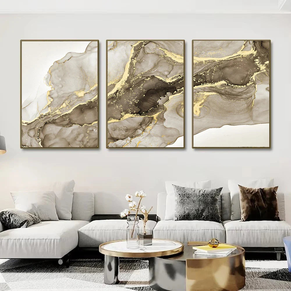 Beige Golden Flowing Liquid Marble Wall Art Canvas Prints For Modern Loft Living Room Modern Bedroom Art Decor
