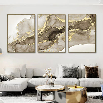 Beige Golden Flowing Liquid Marble Wall Art Canvas Prints For Modern Loft Living Room Modern Bedroom Art Decor
