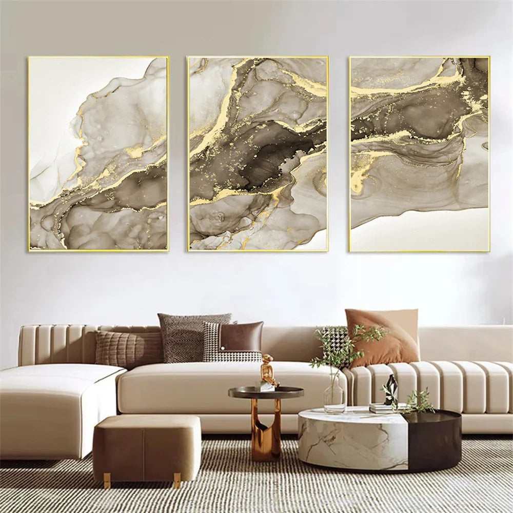 Beige Golden Flowing Liquid Marble Wall Art Canvas Prints For Modern Loft Living Room Modern Bedroom Art Decor