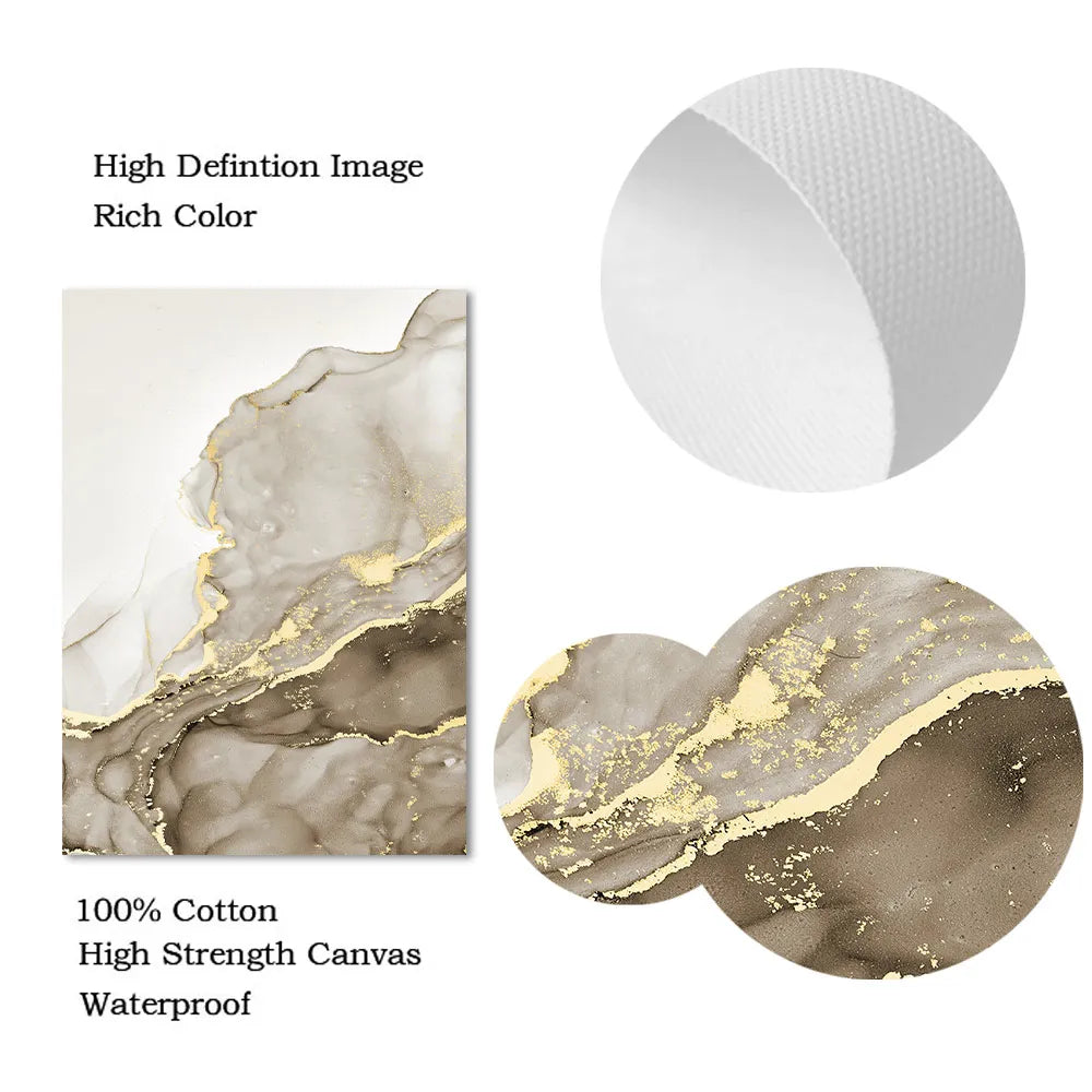 Beige Golden Flowing Liquid Marble Wall Art Canvas Prints For Modern Loft Living Room Modern Bedroom Art Decor