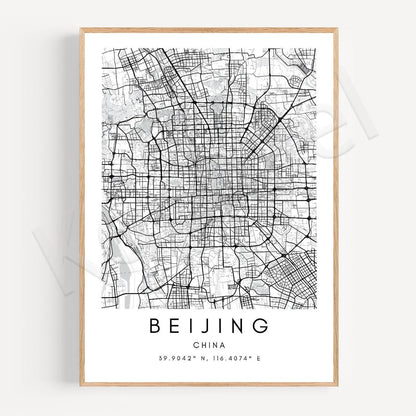 City Map Posters Wall Art - Beijing, Cape Town, Sydney, Los Angeles, Milan, Houston, Seattle, Abu Dhabi, Cornwall, Bristol, Gosport, Pudsey Wall Map Black White Canvas Prints Minimalist Posters For Office