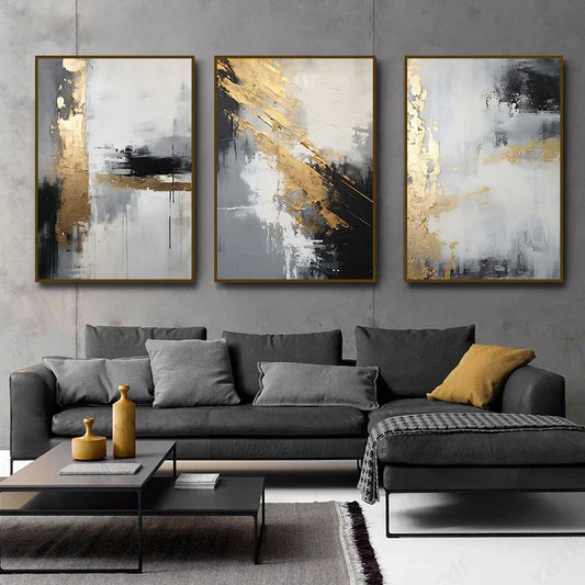 Abstract Black Grey Green Golden Wall Art Canvas Print For Modern Apartment Living Room Decor
