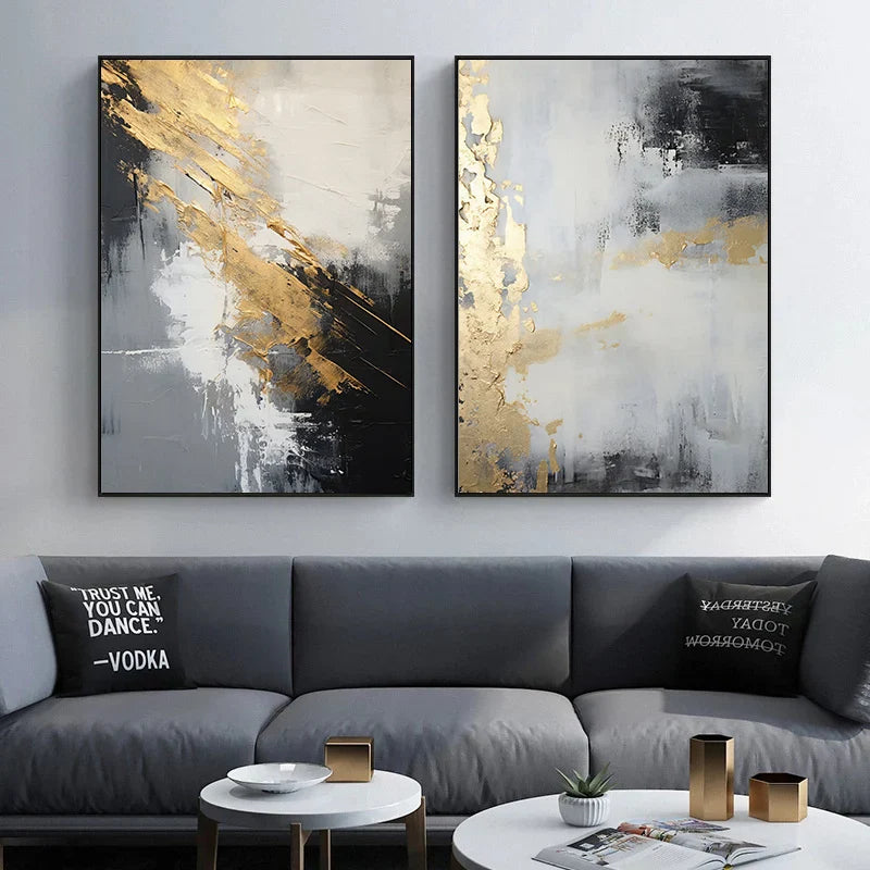 Abstract Black Grey Green Golden Wall Art Canvas Print For Modern Apartment Living Room Decor
