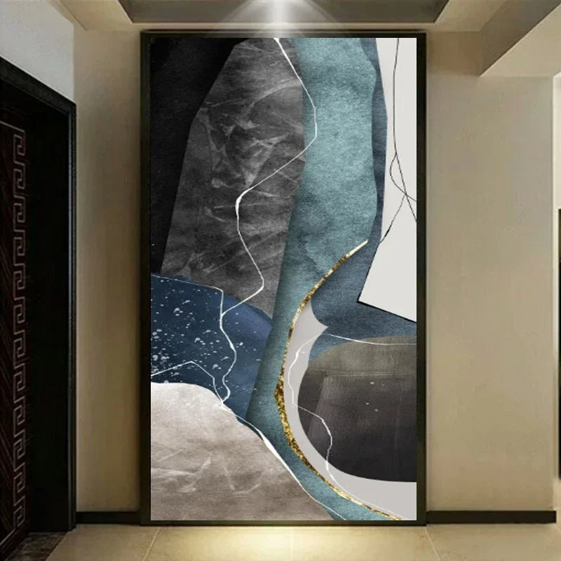 Gray Blue Green Geomorphic Abstract Big Size Wall Art Canvas Prints For Modern Apartment Living Room Art Decor