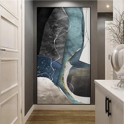 Gray Blue Green Geomorphic Abstract Big Size Wall Art Canvas Prints For Modern Apartment Living Room Art Decor