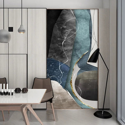 Gray Blue Green Geomorphic Abstract Big Size Wall Art Canvas Prints For Modern Apartment Living Room Art Decor
