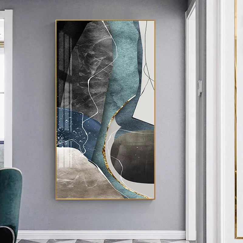 Gray Blue Green Geomorphic Abstract Big Size Wall Art Canvas Prints For Modern Apartment Living Room Art Decor