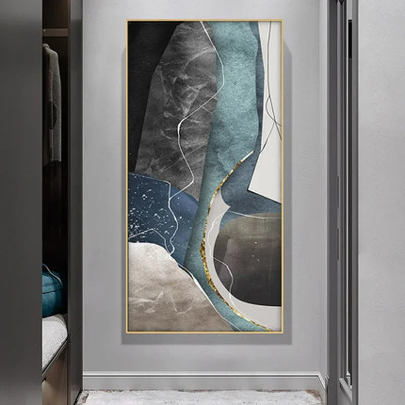 Gray Blue Green Geomorphic Abstract Big Size Wall Art Canvas Prints For Modern Apartment Living Room Art Decor