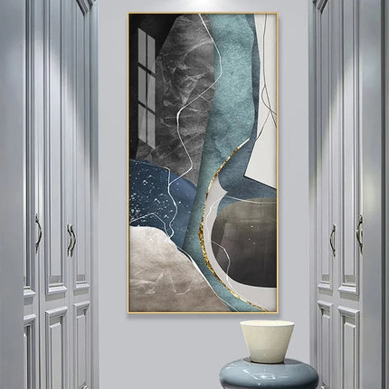 Gray Blue Green Geomorphic Abstract Big Size Wall Art Canvas Prints For Modern Apartment Living Room Art Decor