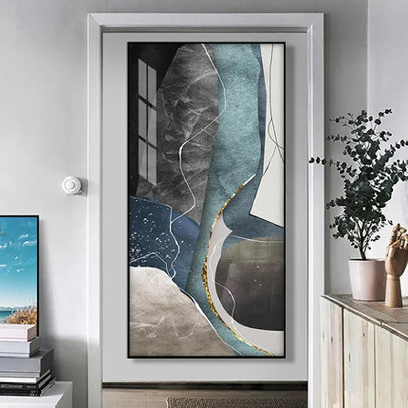 Gray Blue Green Geomorphic Abstract Big Size Wall Art Canvas Prints For Modern Apartment Living Room Art Decor