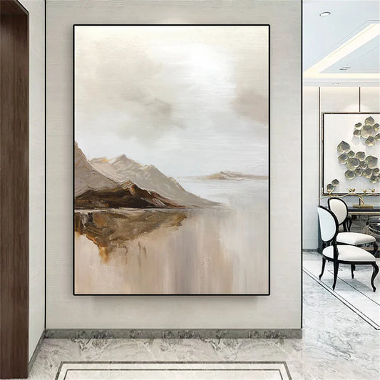 Pastel Mountain Lake Landscape Wall Art Canvas Prints Brown Beige Grey Neutral Color Poster For Living Room Modern Art Decor