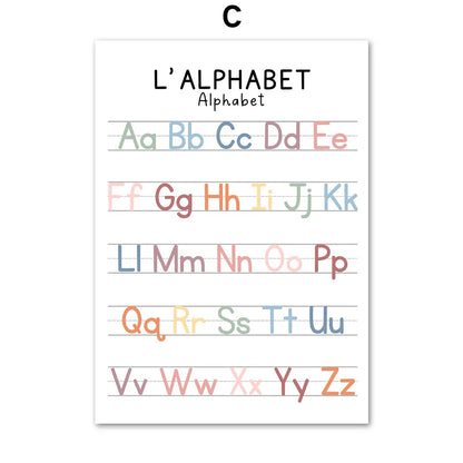 Bilingual French English Educational Number Alphabet Emotions Learning Canvas Prints Wall Art For Children Room Wall Décor