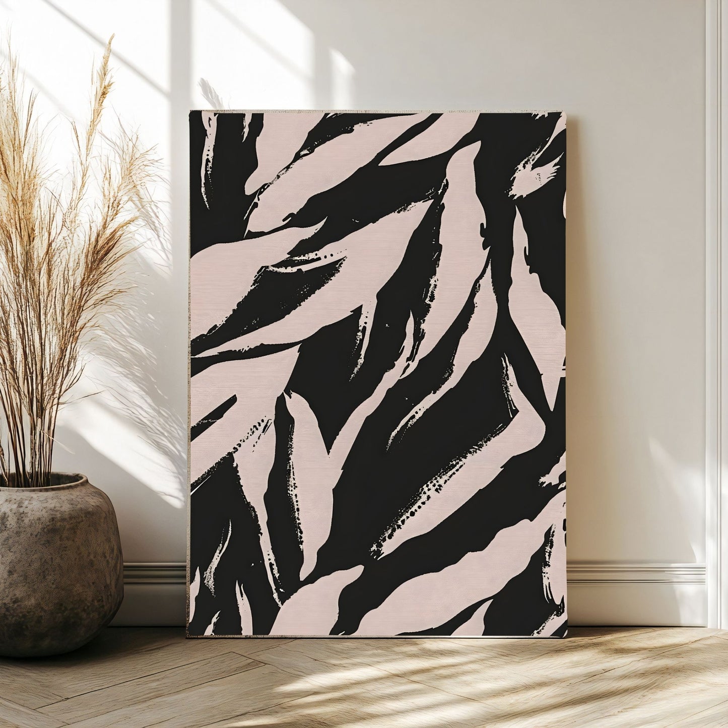 Black Beige Tropical Leaf Framed Wall Art Canvas Print – Modern Botanical Abstract Poster for Neutral Living Room