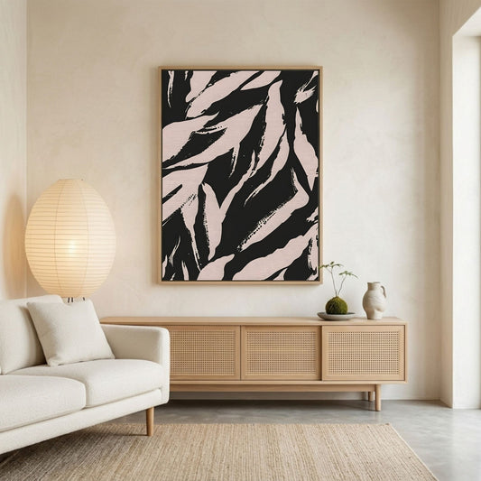 Black Beige Tropical Leaf Framed Wall Art Canvas Print – Modern Botanical Abstract Poster for Neutral Living Room