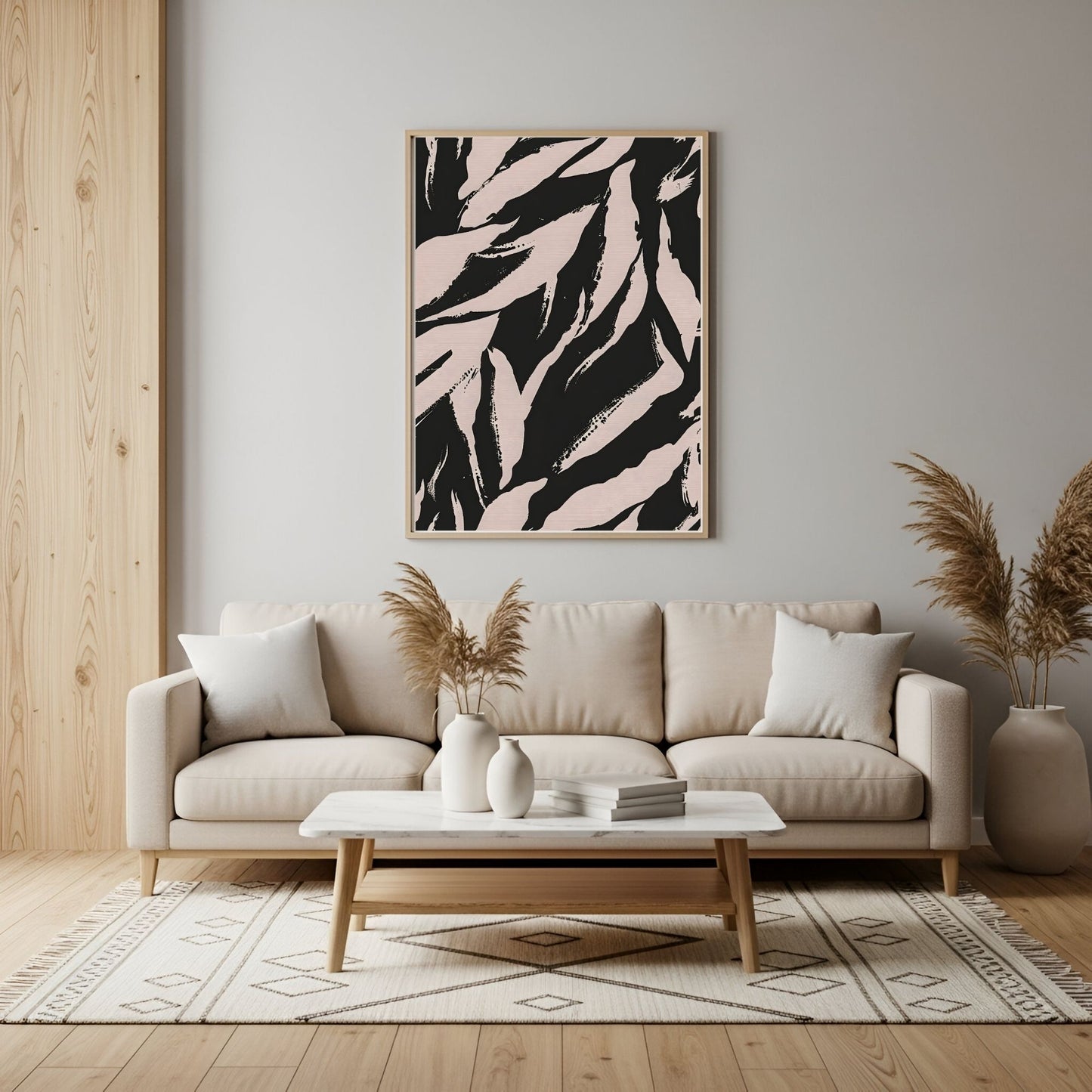 Black Beige Tropical Leaf Framed Wall Art Canvas Print – Modern Botanical Abstract Poster for Neutral Living Room