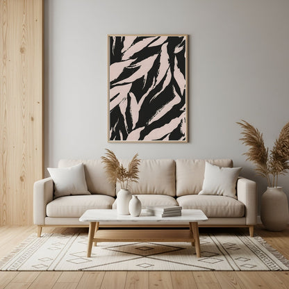Black Beige Tropical Leaf Framed Wall Art Canvas Print – Modern Botanical Abstract Poster for Neutral Living Room