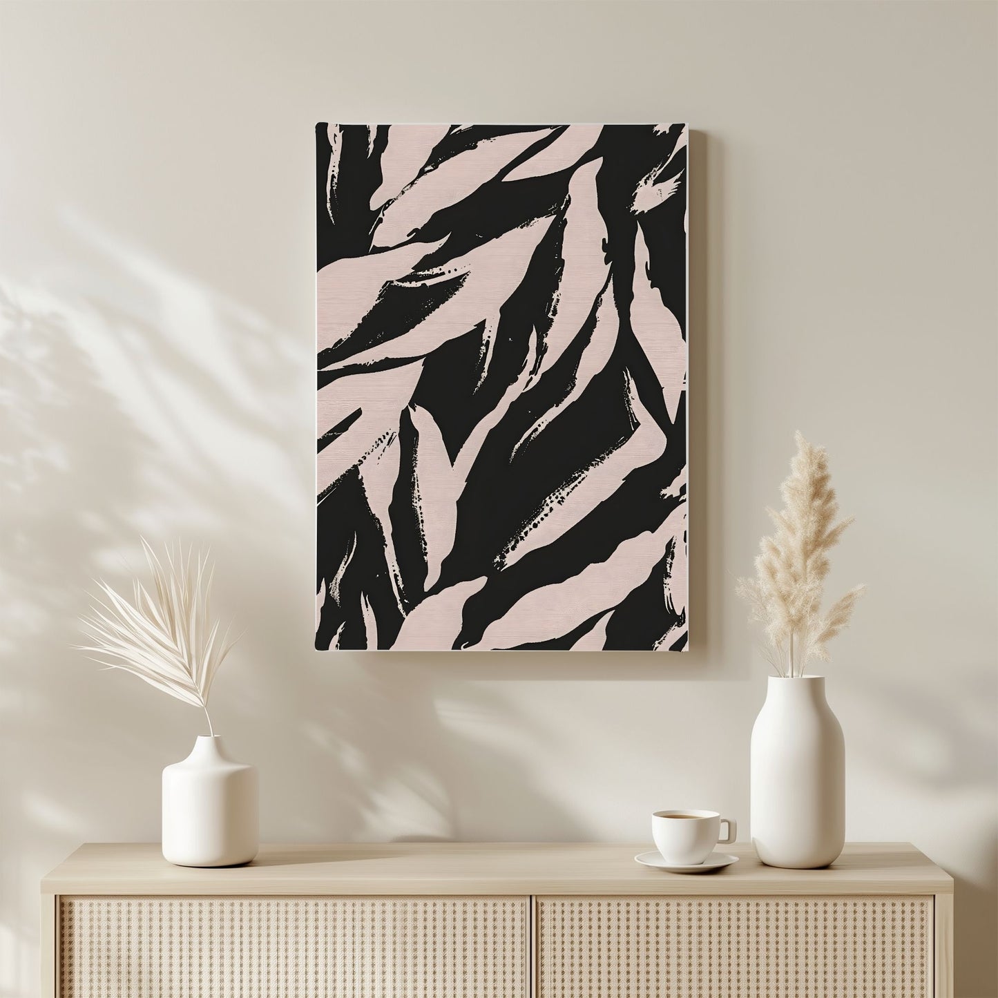 Black Beige Tropical Leaf Framed Wall Art Canvas Print – Modern Botanical Abstract Poster for Neutral Living Room